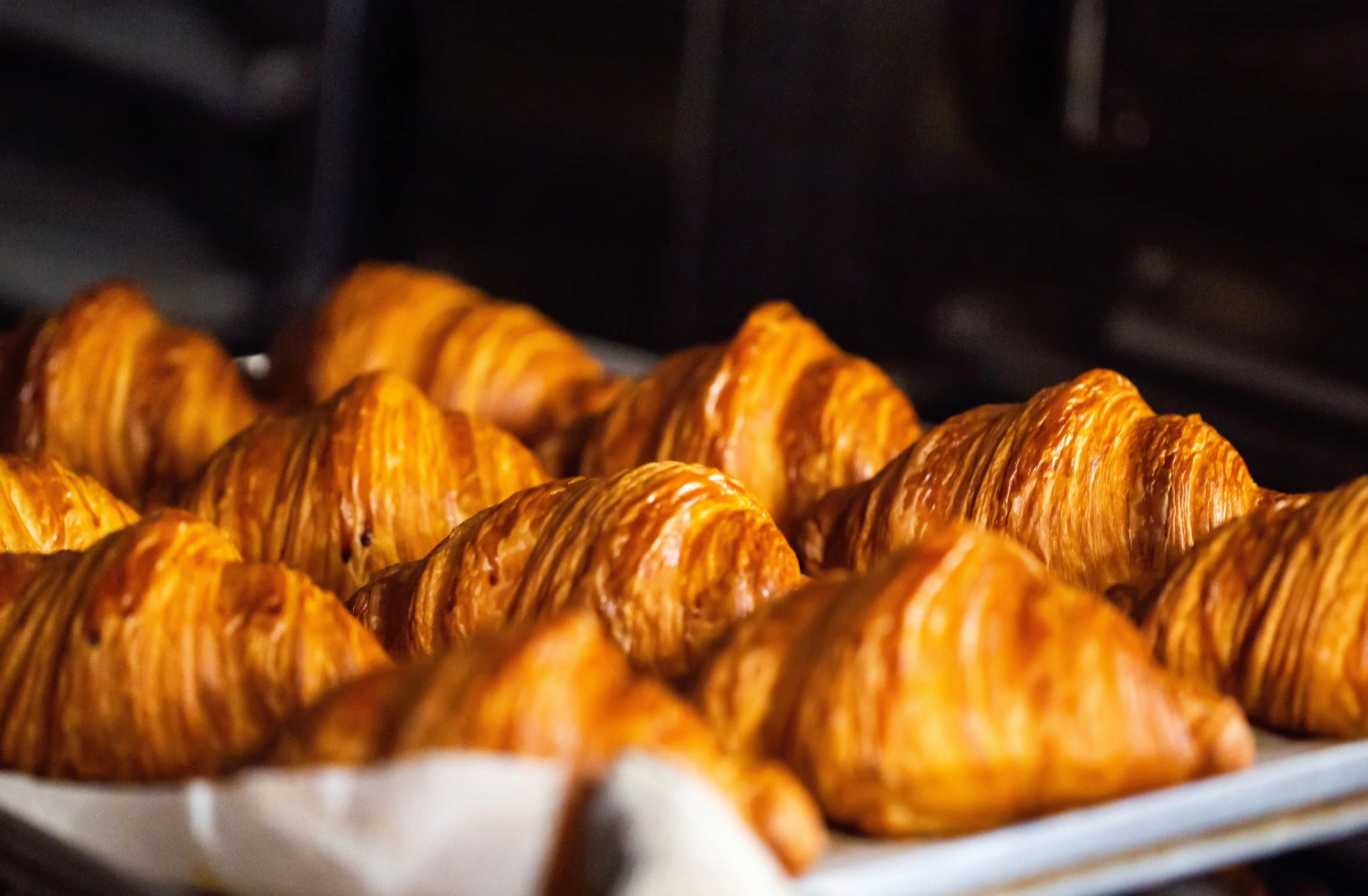 Golden croissants on a baking tray